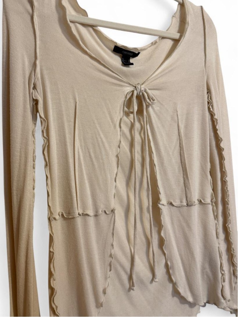 Forever 21 Fairycore Tie Front Lettuce Trim Long Sleeve Top Size S Cream Grunge